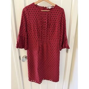Boden Red Eyelet Dress US 8L Flared Sleeve Ruffle Casual Party